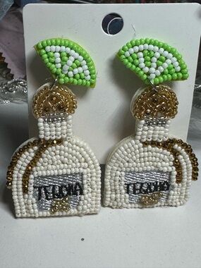Beaded Perfume Bottle Statement Earrings in White, Gold & Lime Green